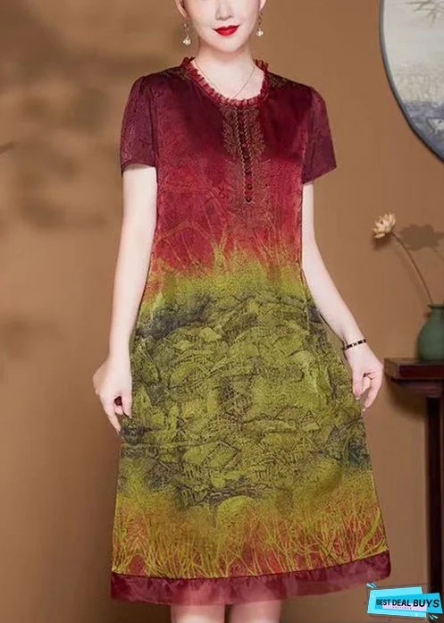 Red Print Pockets Silk Dress O-Neck Short Sleeve