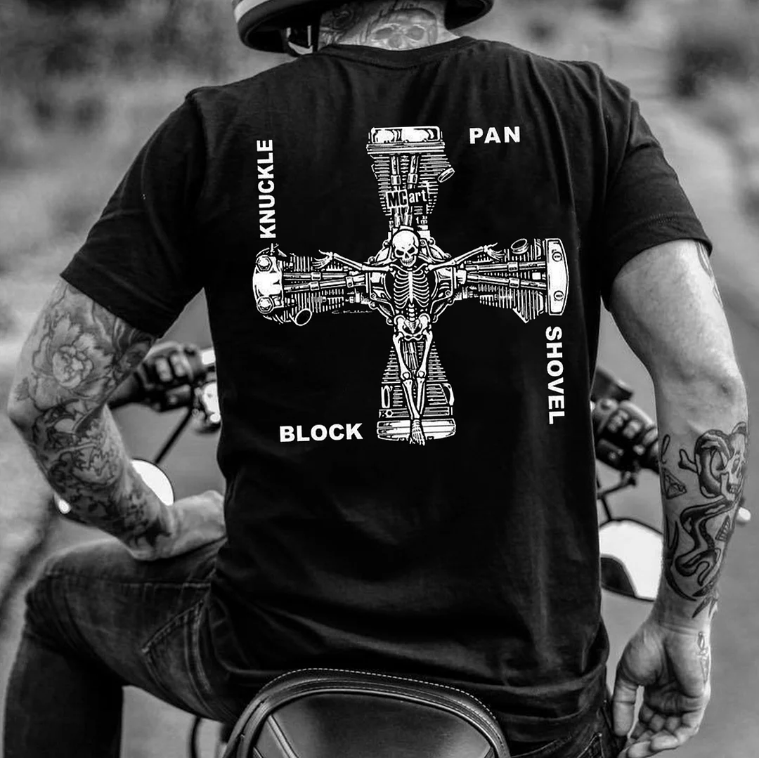 KNUCKLE PAN SHOVEL BLOCK Skeleton Print Men's T-shirt
