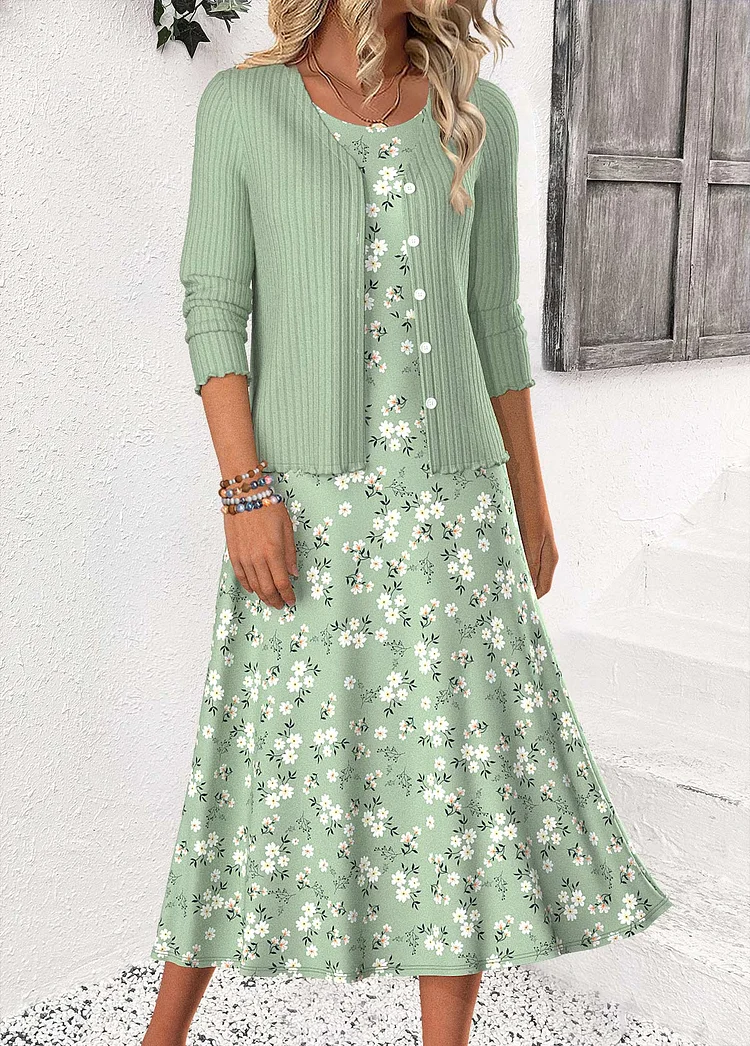 Sage Green Ditsy Floral Print Dress and Cardigan