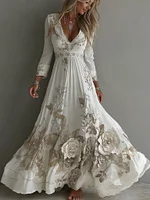 Women's Vintage White Flowers Embroidery Art V-neck Maxi Dress