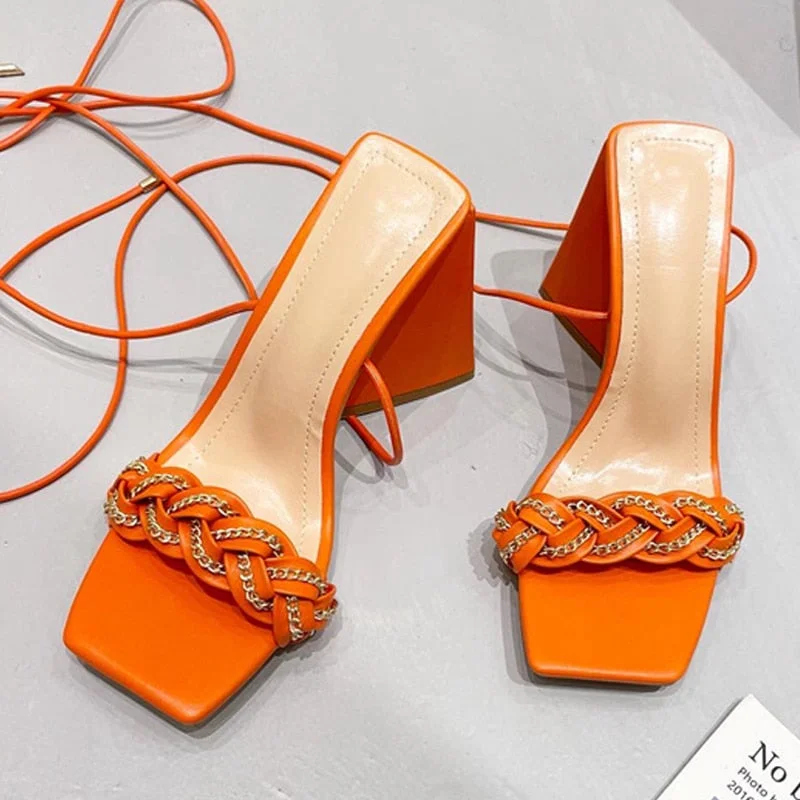 Green Strange Super High Heels Sandals Women Fall Streets Fashion Chain Weav Sliders Shoes Lady Square Toe Ankle Lace Up Pumps