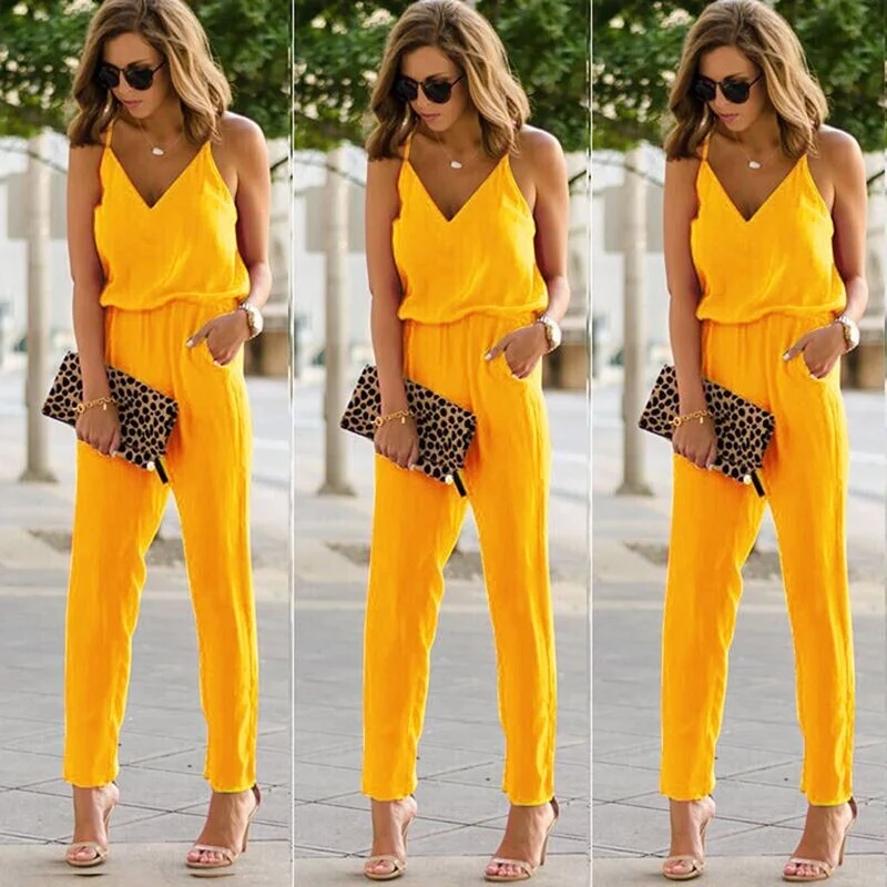Blue Yellow Women Summer Spaghetti Strap Jumpsuits 2021 New Beach Casual Sleeveless V Neck Rompers Female Streetwear Jumpsuits