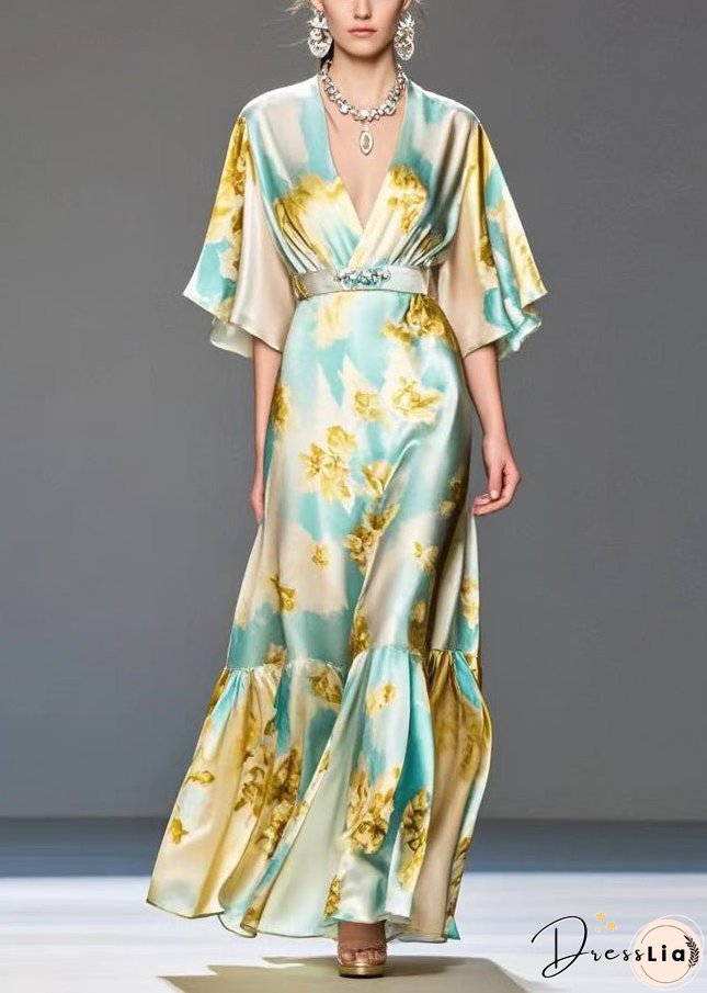 Modern Light Blue Print Silk Long Dresses Cinched Summer