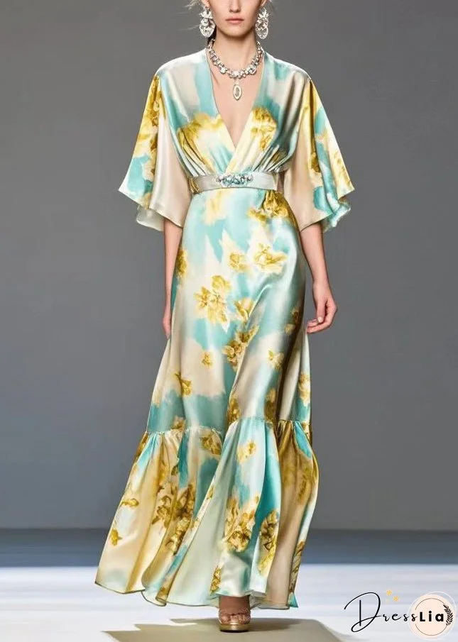 Modern Light Blue Print Silk Long Dresses Cinched Summer