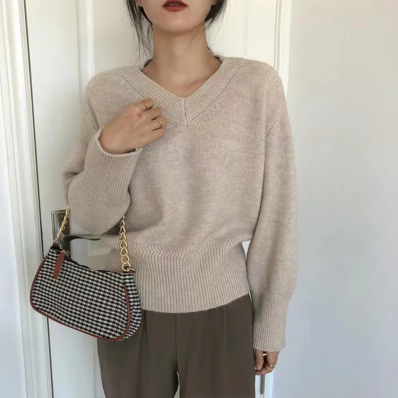 Churchf Churchf Autumn Winter New Style Lazy Wind Restoring Ancient Ways Temperament V Collar Design Sense Sweater Simple And Versatile Pure Color Sweater Female