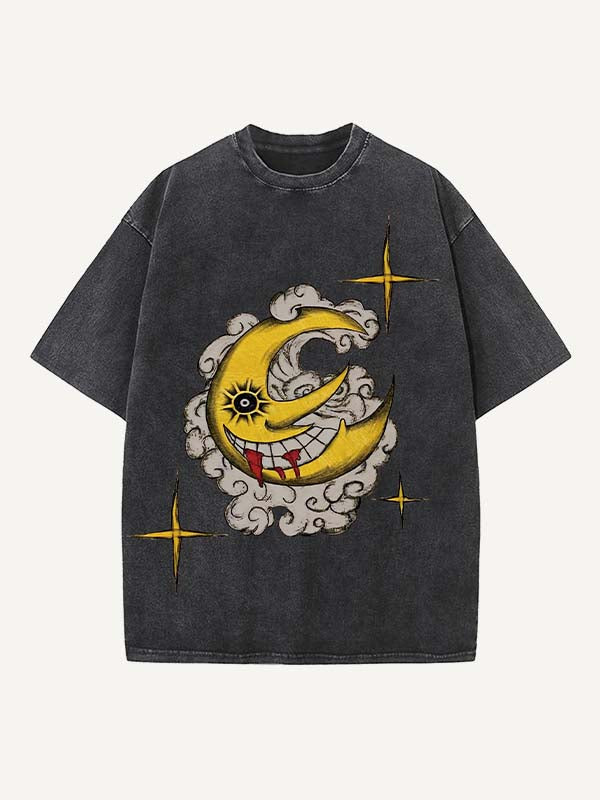 Distressed Washed Evil Moon&Sun&Star&Cloud Faux Decal Print Round Neck T-shirt