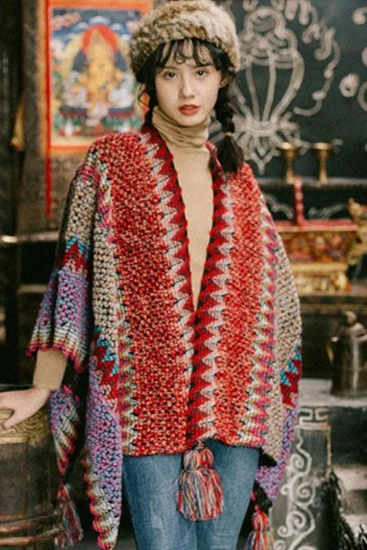 HUANGGUOSHU Women's Retro Cardigan Shawl With Tassels - Open Front Scarf Wrap (Red, Medium) - View #13