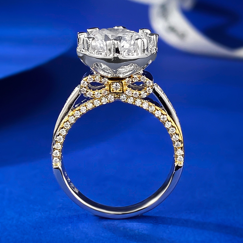 MIKAMU Jewelry S925 Pure Silver 3 Carat High Carbon Diamond Ring with Butterfly Design and Gold-Plated Prongs - Elegant Wedding Gift Ring