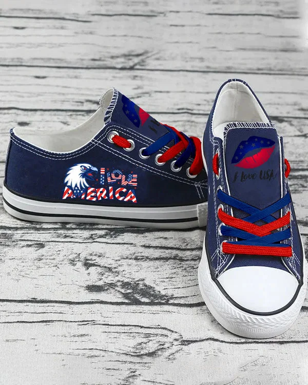 Canvas Shoes Low Top Sneakers Unisex Walking Shoes Printed inUSA, Independence Day, Star, Striped, Blue, Red