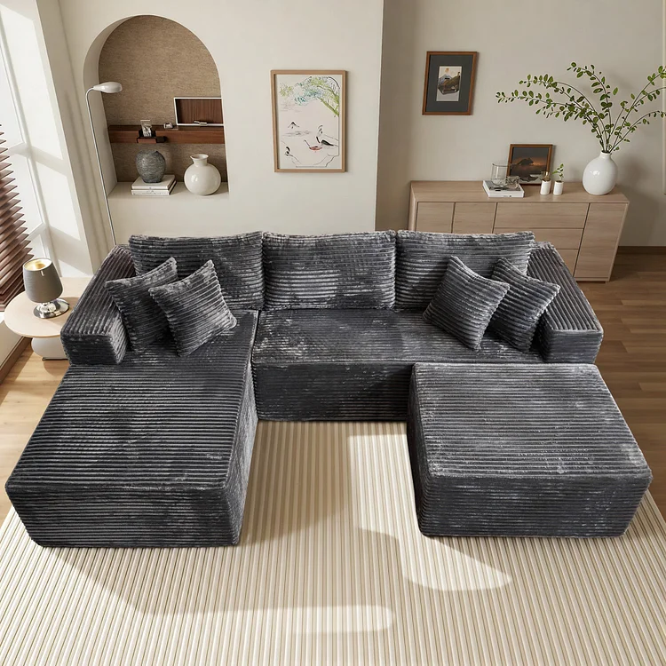 Shopicco 108" U-Shape Modular Couch with Ottoman, Plush Corduroy Fabric, No Assembly Required