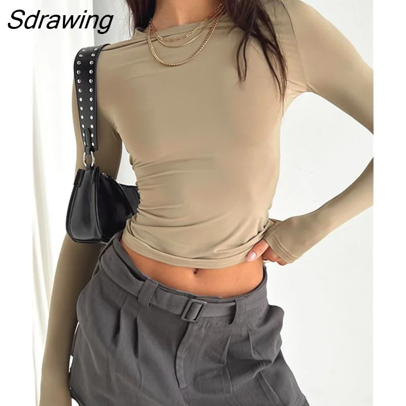 Sdrawing Women's Basic Long Sleeve Crop Top Solid Color Crew Neck Cozy Stretchy Slim Fitted Cropped T Shirts Pullover Streetwear