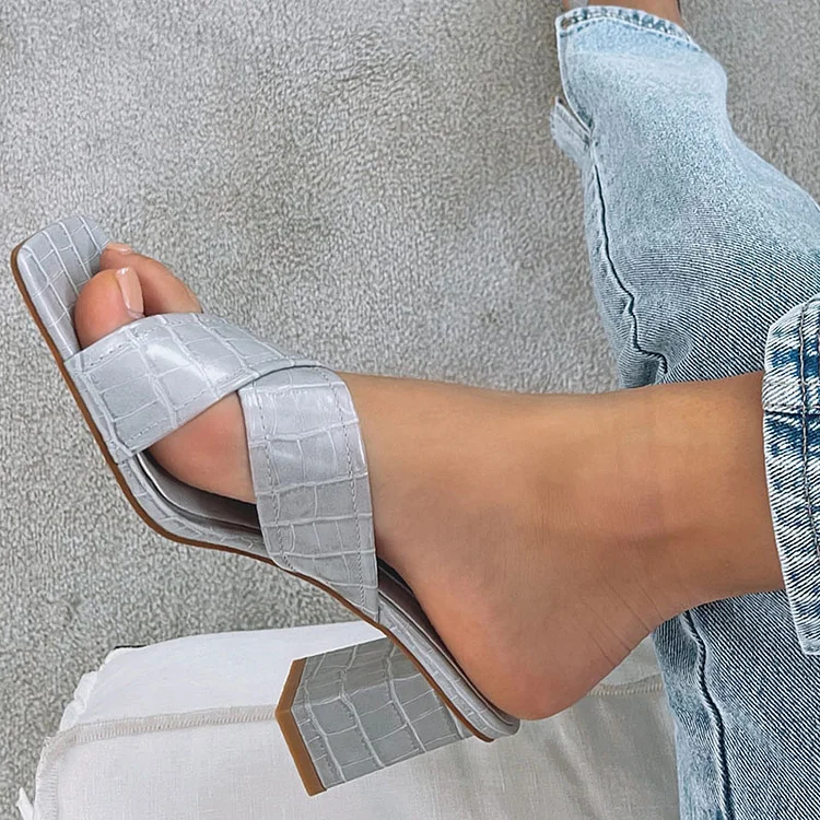 Grey Square Toe Block Heels Women's Croco Embossed Mules Shoes |FSJ Shoes