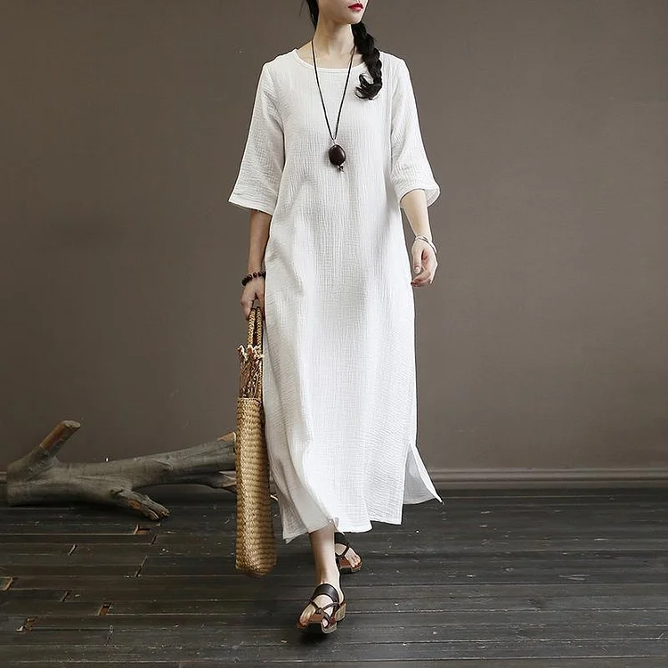 new o neck cottonn blended half sleeve side open women white summer long dress