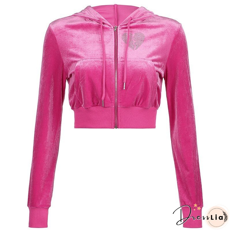 Christmas Gift Kefira Autumn Winter Sweet Velvet Diamond Heart Hoodies Women Hooded Jackets Zip Up Long Sleeve Cropped Top Sweatshirts