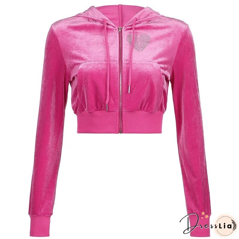 Christmas Gift Kefira Autumn Winter Sweet Velvet Diamond Heart Hoodies Women Hooded Jackets Zip Up Long Sleeve Cropped Top Sweatshirts
