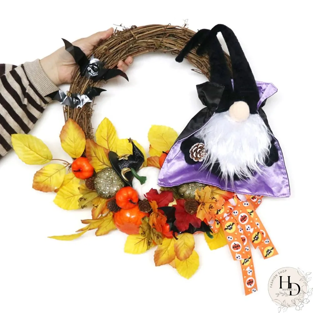 Halloween Themed Wreath With Wizard Gnome For Holiday Decoration