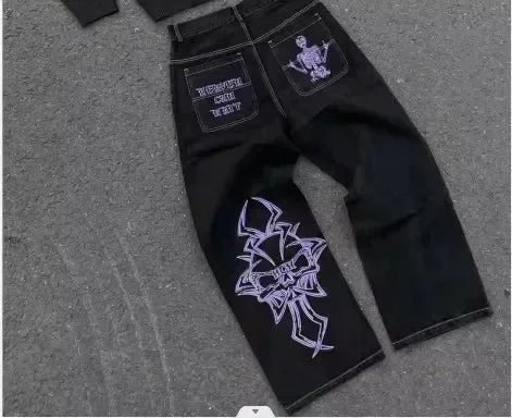 Aonga Streetwear Jeans Y2K Mens Womens Harajuku Hip Hop Sakura Embroidery Retro Patch Heavy Baggy Jeans High Waist Wide Leg Trouser aonga