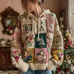 Women's Christmas Tree And Floral Pattern Knitted Hooded Sweater - Image 2