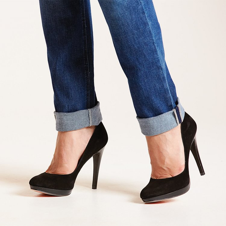Women's Black Platform Heels Suede Almond Toe Stiletto Heels Pumps |FSJ Shoes