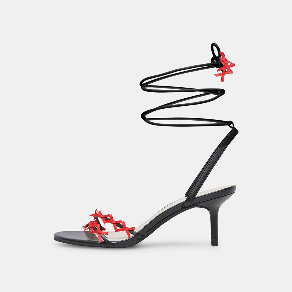 Black Vegan Leather Round Toe Kitten Heel Red Bow Lace Up Sandals Nicepairs