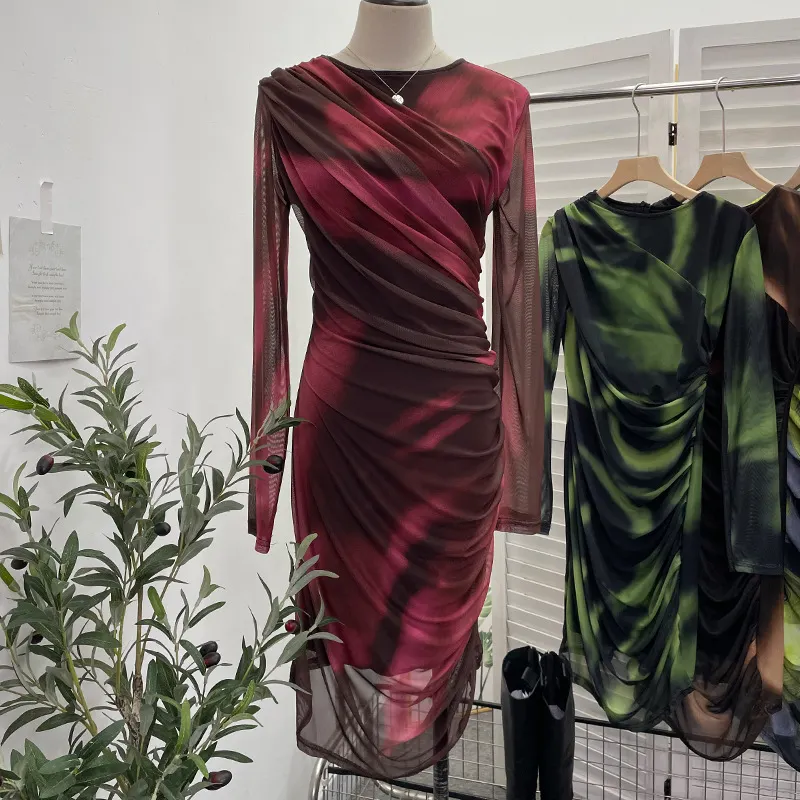 Brownm Vintage Tie-Dye Printing Irregular Folded Mesh Yarn Body-Body-Sleeve Dress 9901