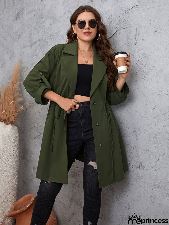 Plus Size Lapel Collar Roll-Tab Sleeve Trench Coat