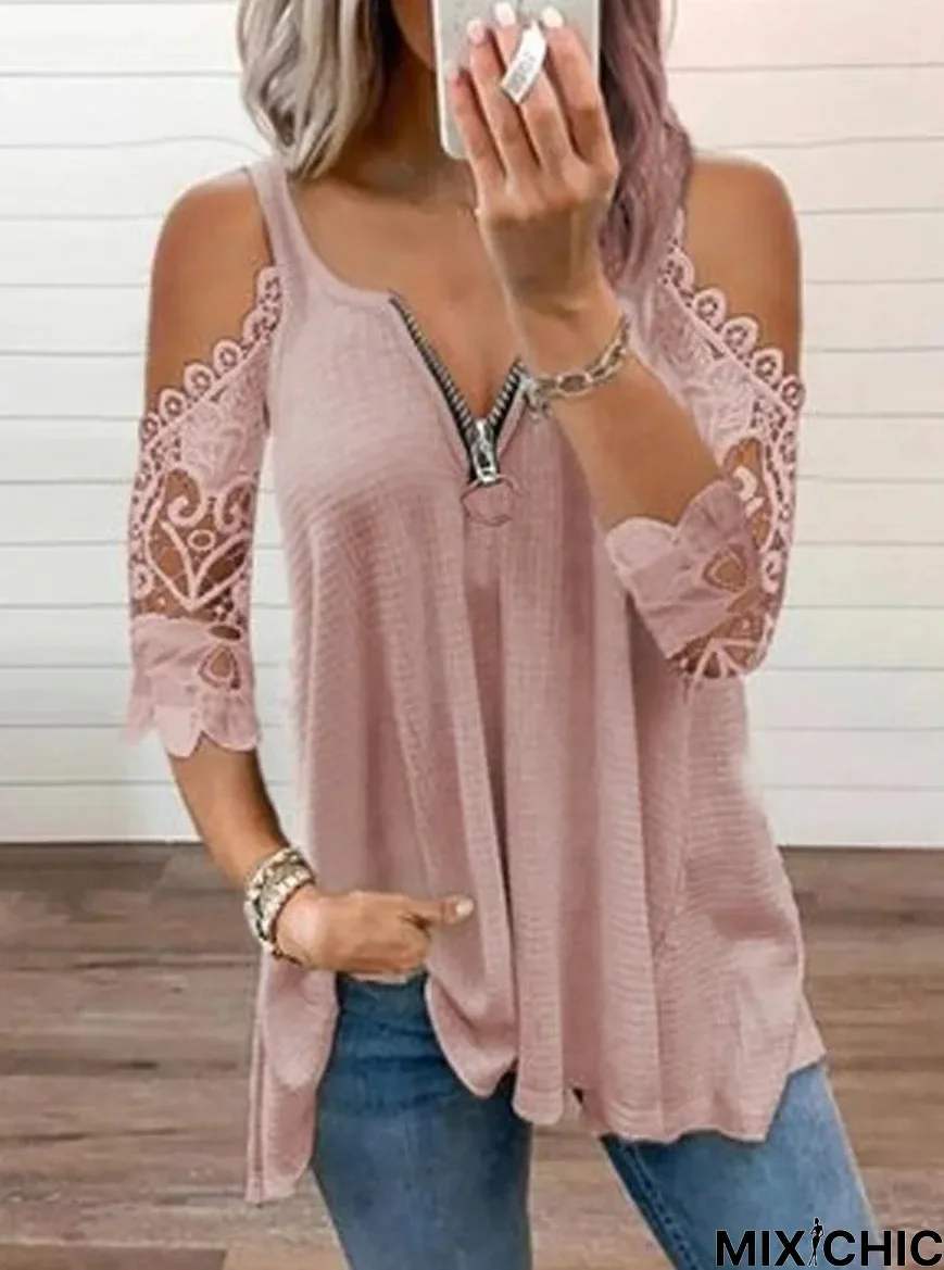 Fashion Lace Stitching Solid Color V-Neck T-Shirt