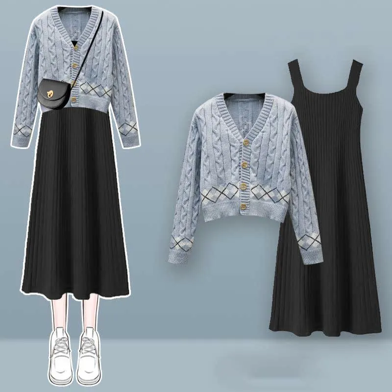 Rhombus Print Cardigan Sweater Slip Dress Two Pieces