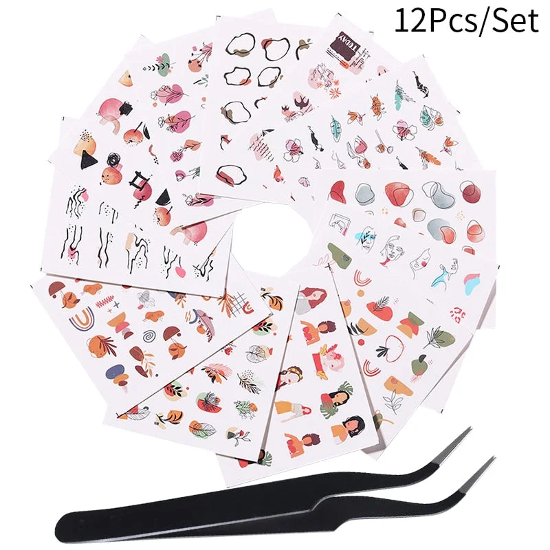 1 Tweezers +12 Water Decals Stickers Spring Summer Flower Leaves Butterfly Geometric Lots Nail Art Tattoo Decorations Manicures