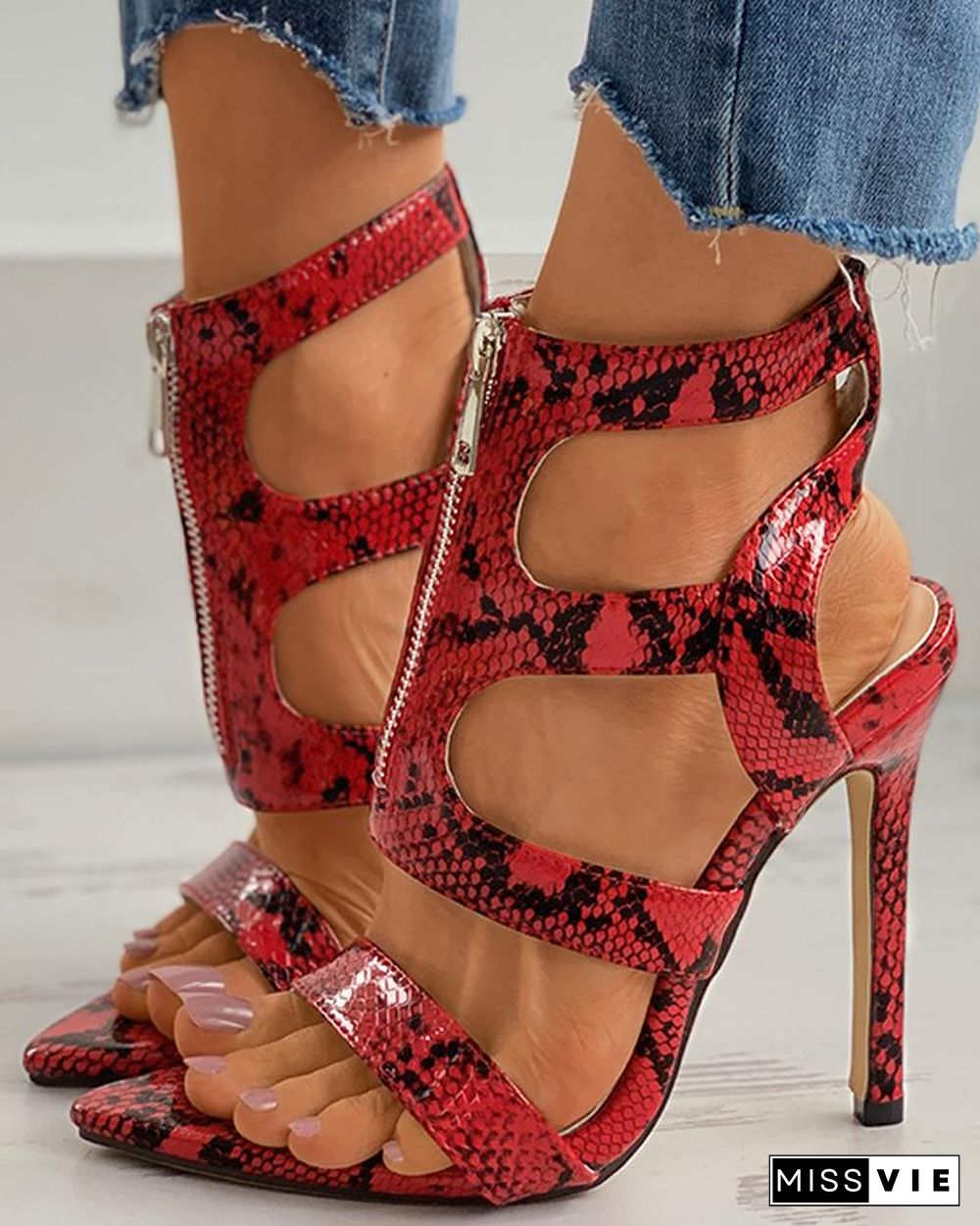Zipper Design Cutout Stiletto Heel