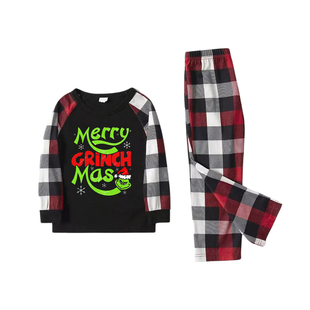 Christmas Cartoon Face and Text Prints Red & Black & Grey & White Plaid Family Matching Pajamas