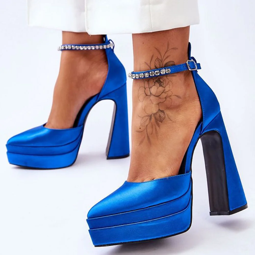 Blue Satin Closed Pointed Toe Rhinestone Ankle Strappy Platform Pumps With Chunky Heels Nicepairs