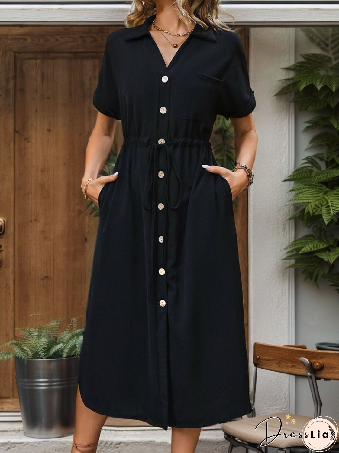 Slit Drawstring Button Up Short Sleeve Midi Dress