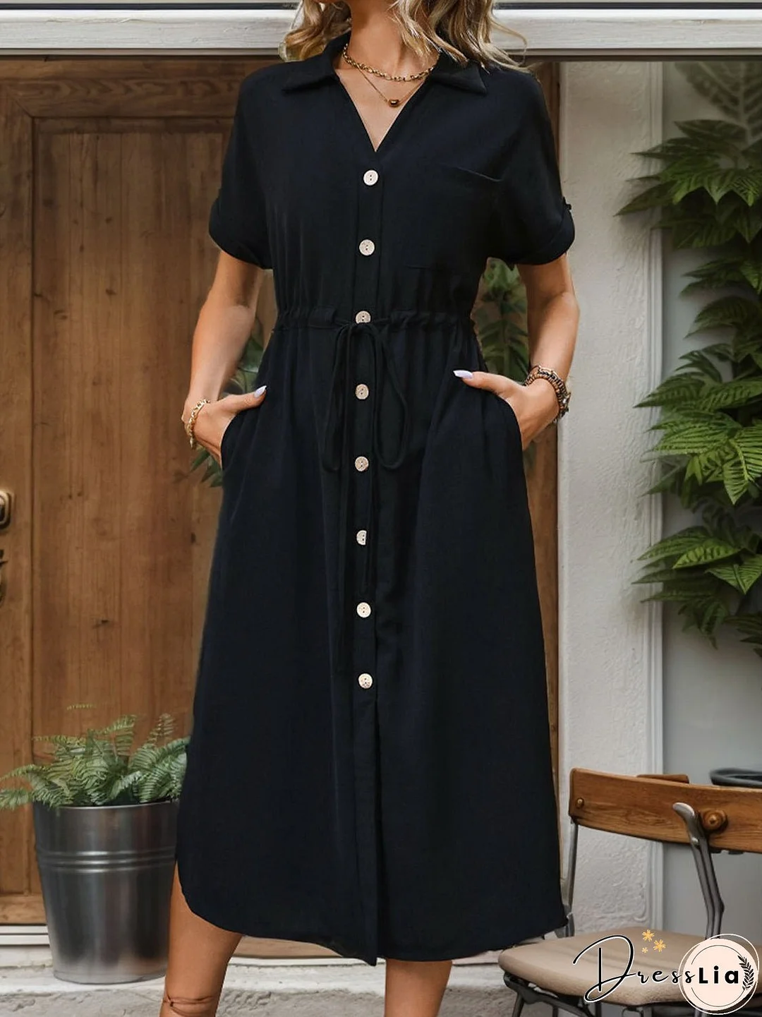 Slit Drawstring Button Up Short Sleeve Midi Dress