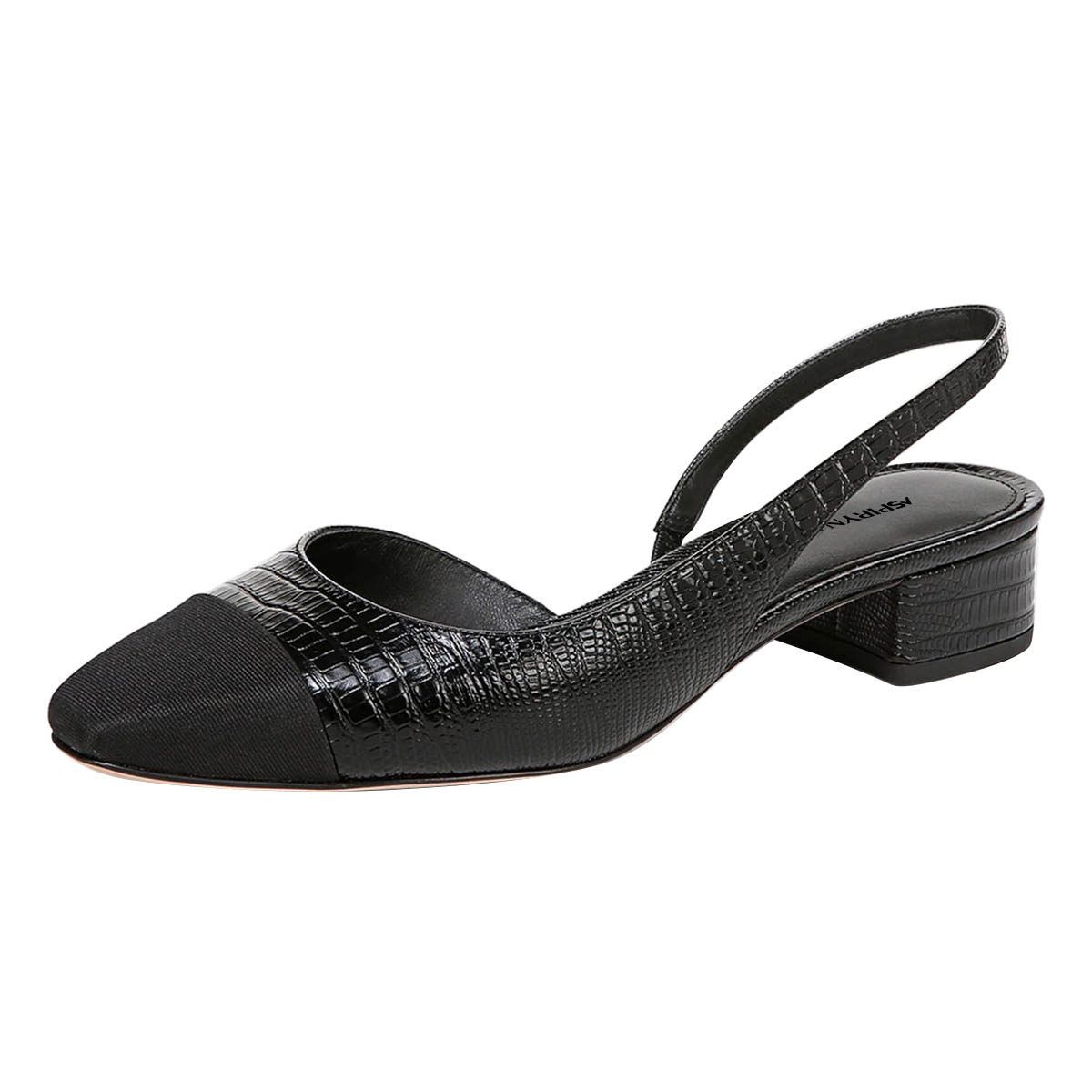 Black Lizard Embossed Patchwork Cap Toe Low Heel Slingback Pumps Nicepairs
