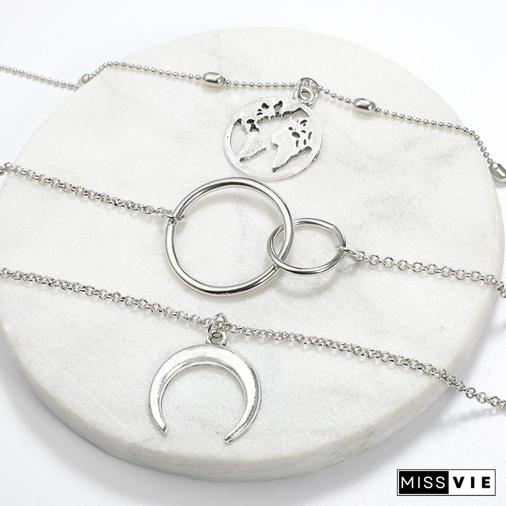 Fashion Women Multi-Layer Moon Map Necklace