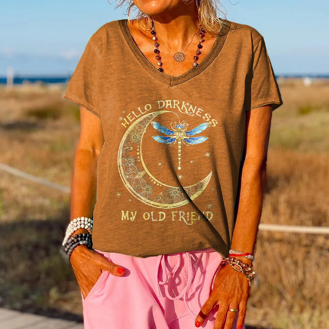 Hello Darkness My Old Friend Printed Moon And Dragonfly Patterns T-shirt