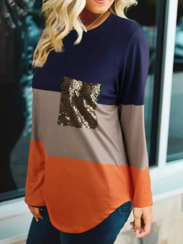 Color Block Long Sleeve Blouse WIth Pocket