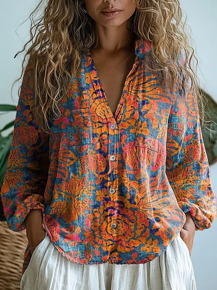 Women's Vintage Lovely Floral Art Print Casual Long Sleeve Comfortable Cotton Shirt