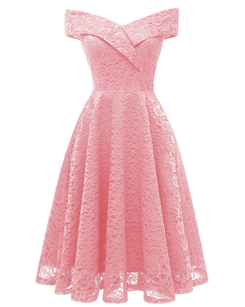 2021 New Vintage Lace Evening Party Dress Women Slash Neck Sleeveless Midi Dress Ladies Elegant Pink Dresses Vestido De Festa