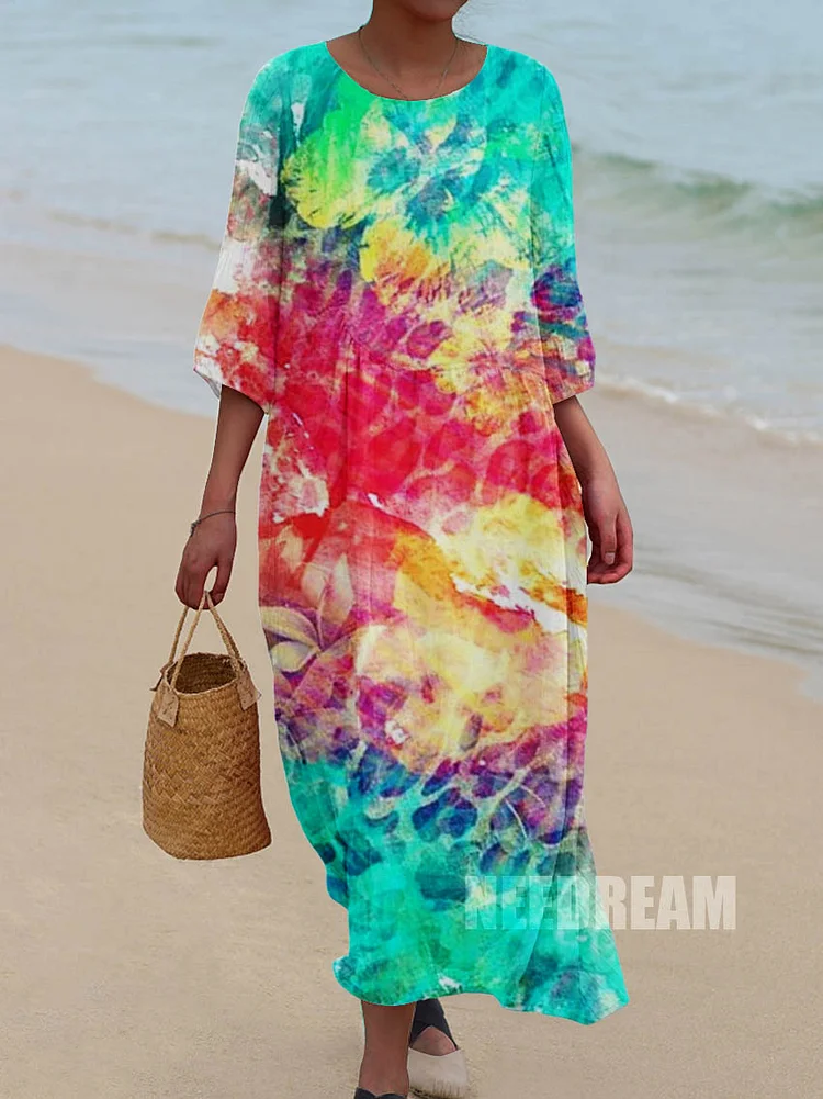 Womens Art Tie-Dye Pattern Pocket Cotton Dress