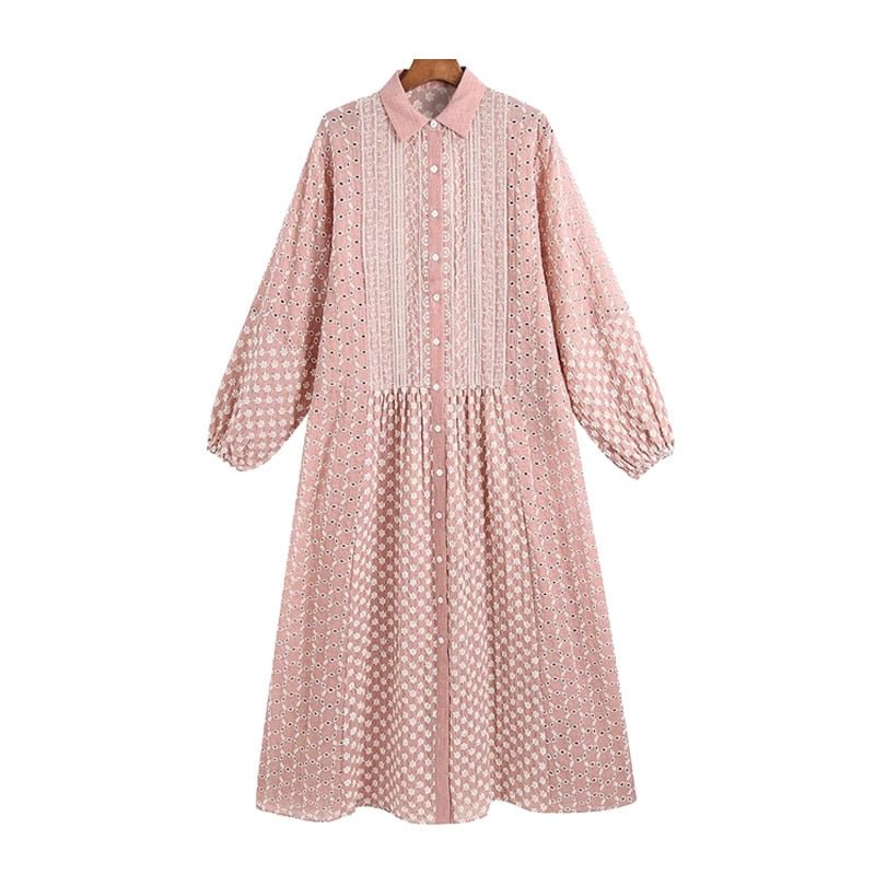 TRAF Women Chic Fashion Hollow Out Embroidery Midi Shirt Dress Vintage Lantern Sleeve Button-up Female Dresses Vestidos