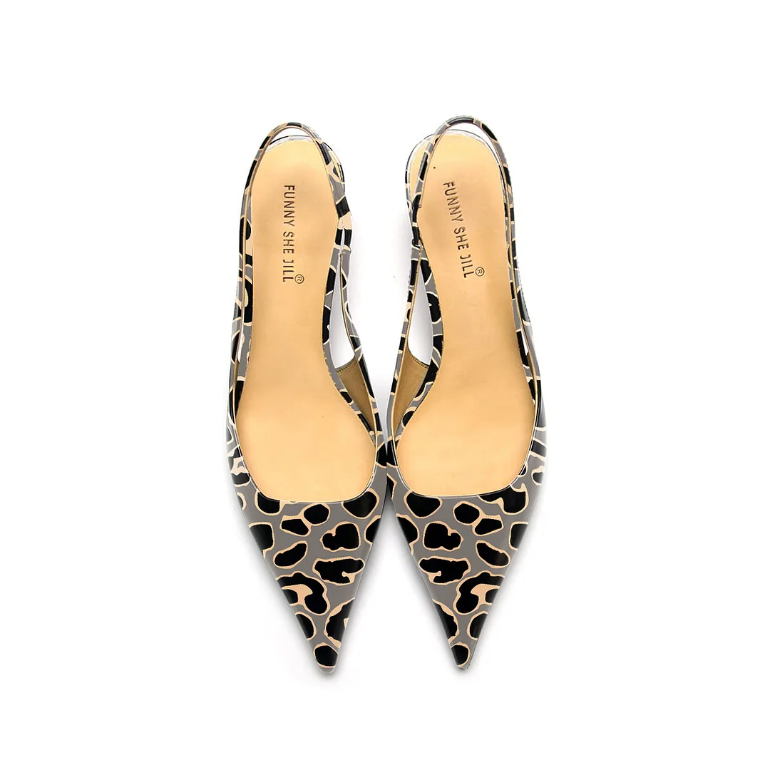 Grey Leopard Print Patent Leather Pointed Toe Elegant Kitten Heel Slingback Dress Pump Shoes