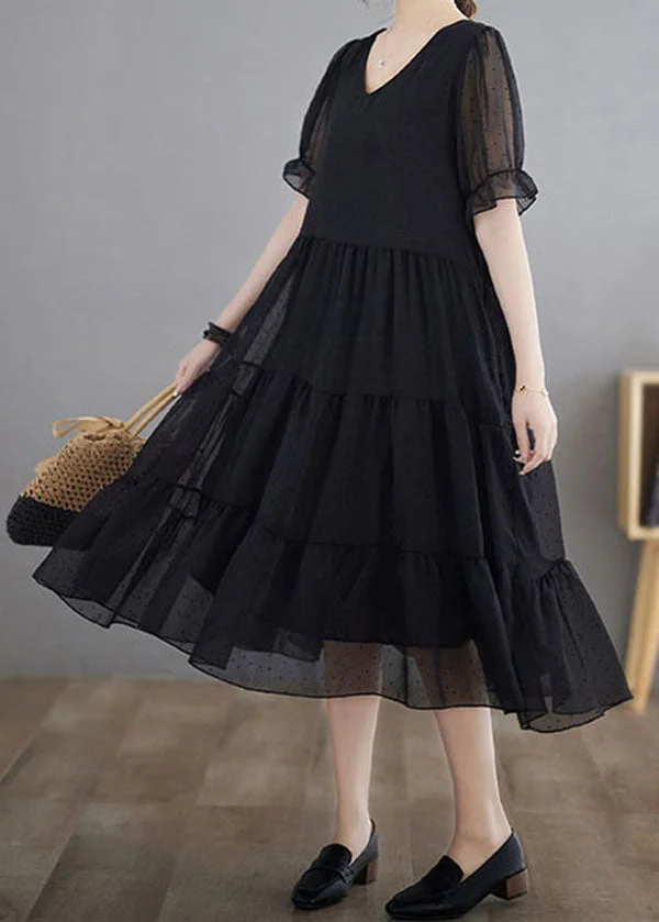 Black Dot Print Patchwork Chiffon Dresses V Neck Wrinkled Summer