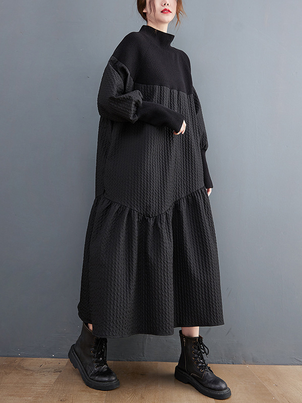 Loose High Neck Sweater Patchwork Jacquard Maxi Dress