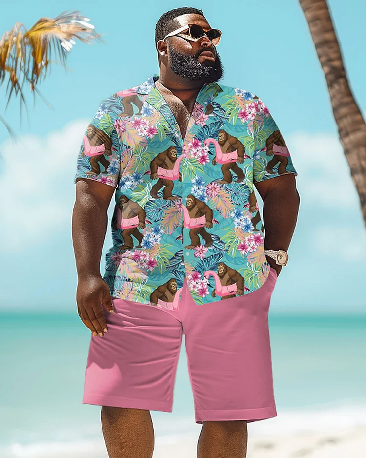Men's Plus Size Hawaiian Coconut Tree Orangutan Print Shirt Shorts Suit