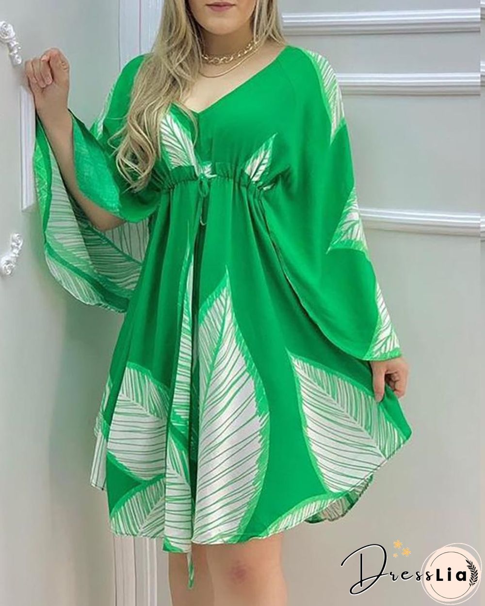 V-neck Long Sleeve Loose Skirt Irregular Dress
