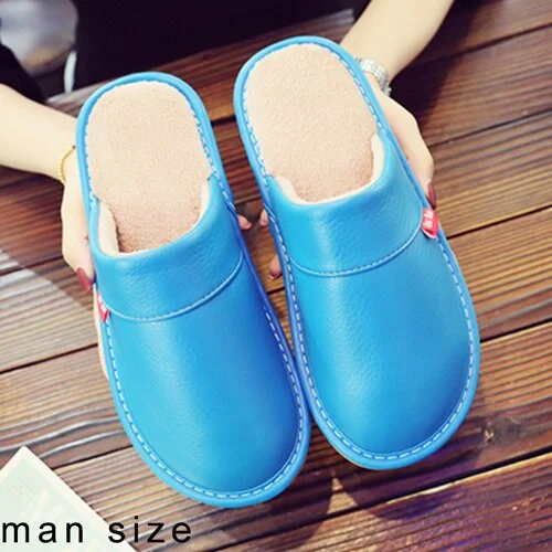 Leather Couple Shoes Autumn Winter home slippers Man Fashion Big size indoor Waterproof Men slippers with fur soft socofy