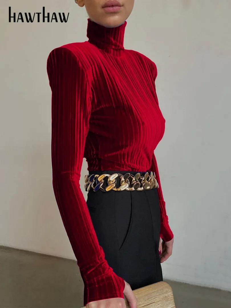 Hawthaw Women Fashion Long Sleeve Velvet Bodycon T Shirt Tops Bodysuit 2022 Spring Autumn Clothes Wholesale Items Dropshipping