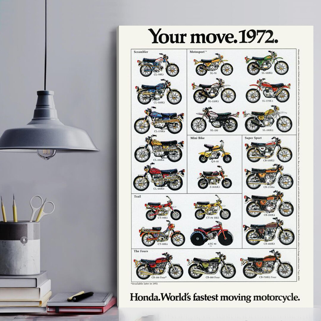 1972 HONDA Line Up Full Line Vintage Motorcyle Canvas Painting Art